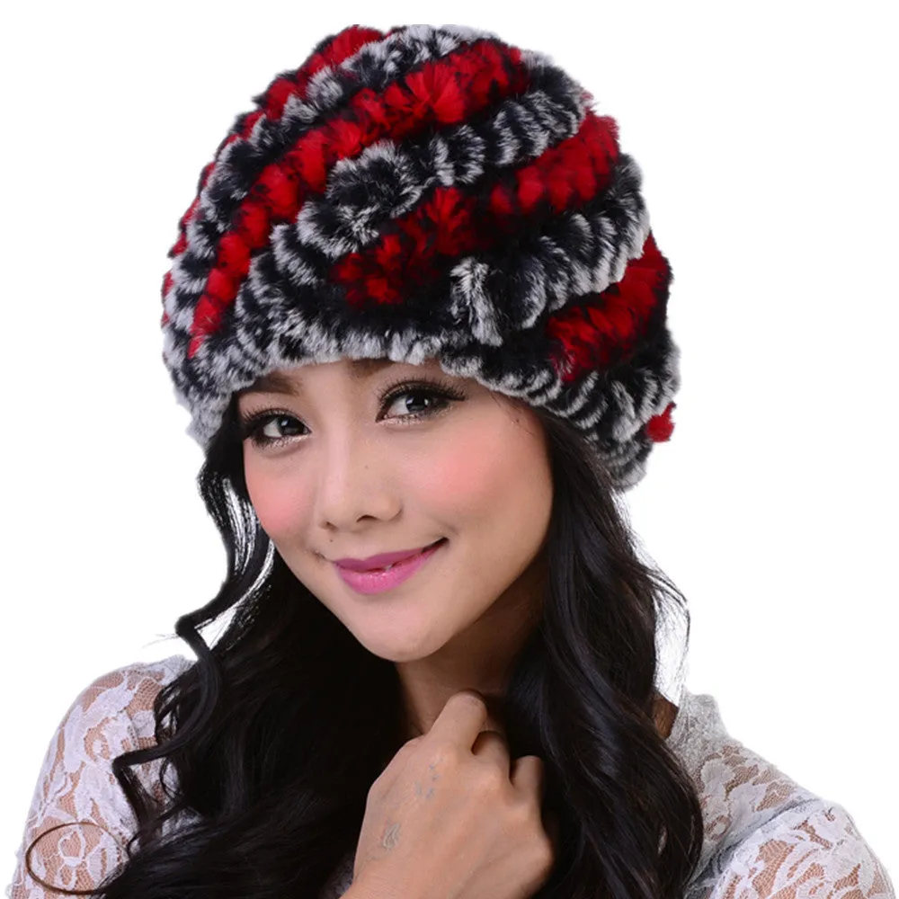 New Style Genuine Knitted Rex Rabbit Fur Hat Natural Rabbit Stripe Fur Caps Fashion Women Beanie Headgear Various Colors