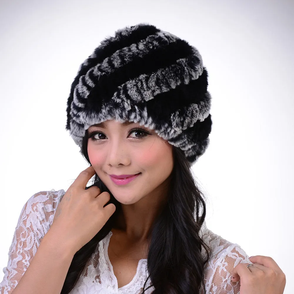 New Style Genuine Knitted Rex Rabbit Fur Hat Natural Rabbit Stripe Fur Caps Fashion Women Beanie Headgear Various Colors
