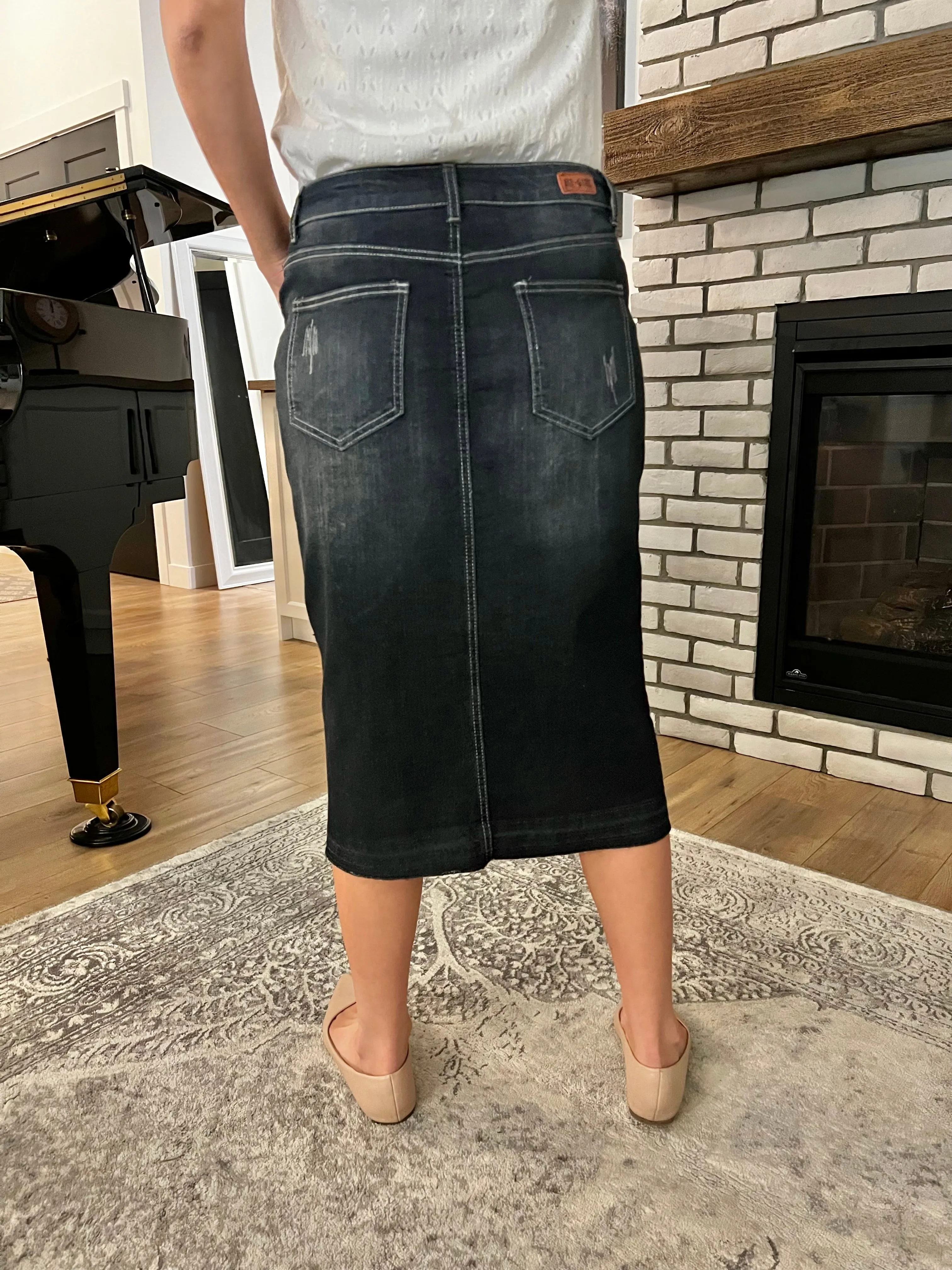 "Gabriella" In Black Calf length Denim Skirt With Ruffle