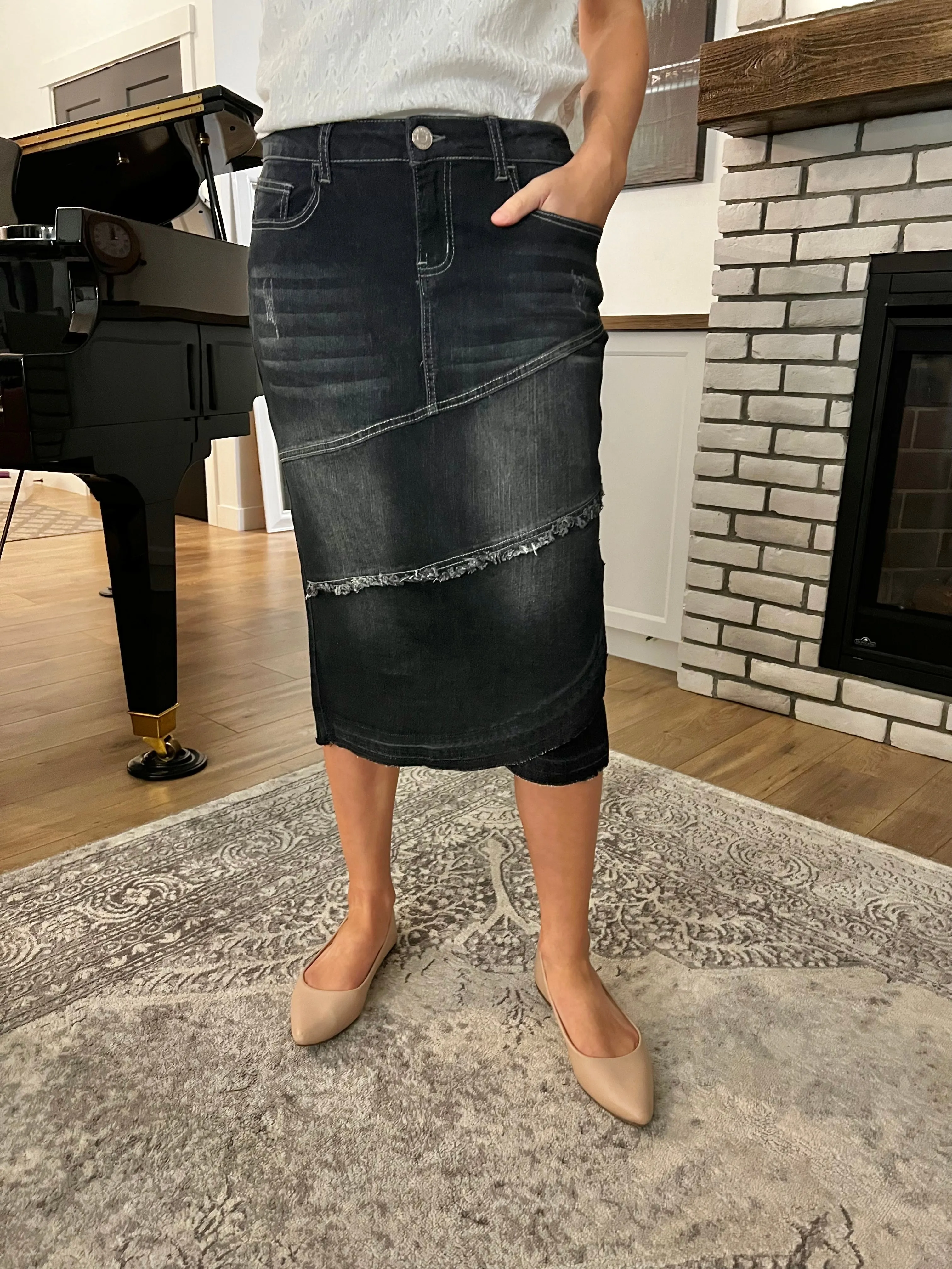 "Gabriella" In Black Calf length Denim Skirt With Ruffle