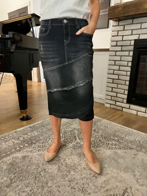 "Gabriella" In Black Calf length Denim Skirt With Ruffle
