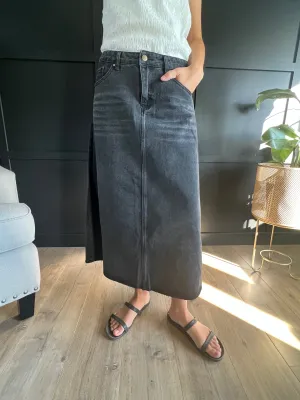"Maya" A-Line Midi Denim Skirt in Vintage Black