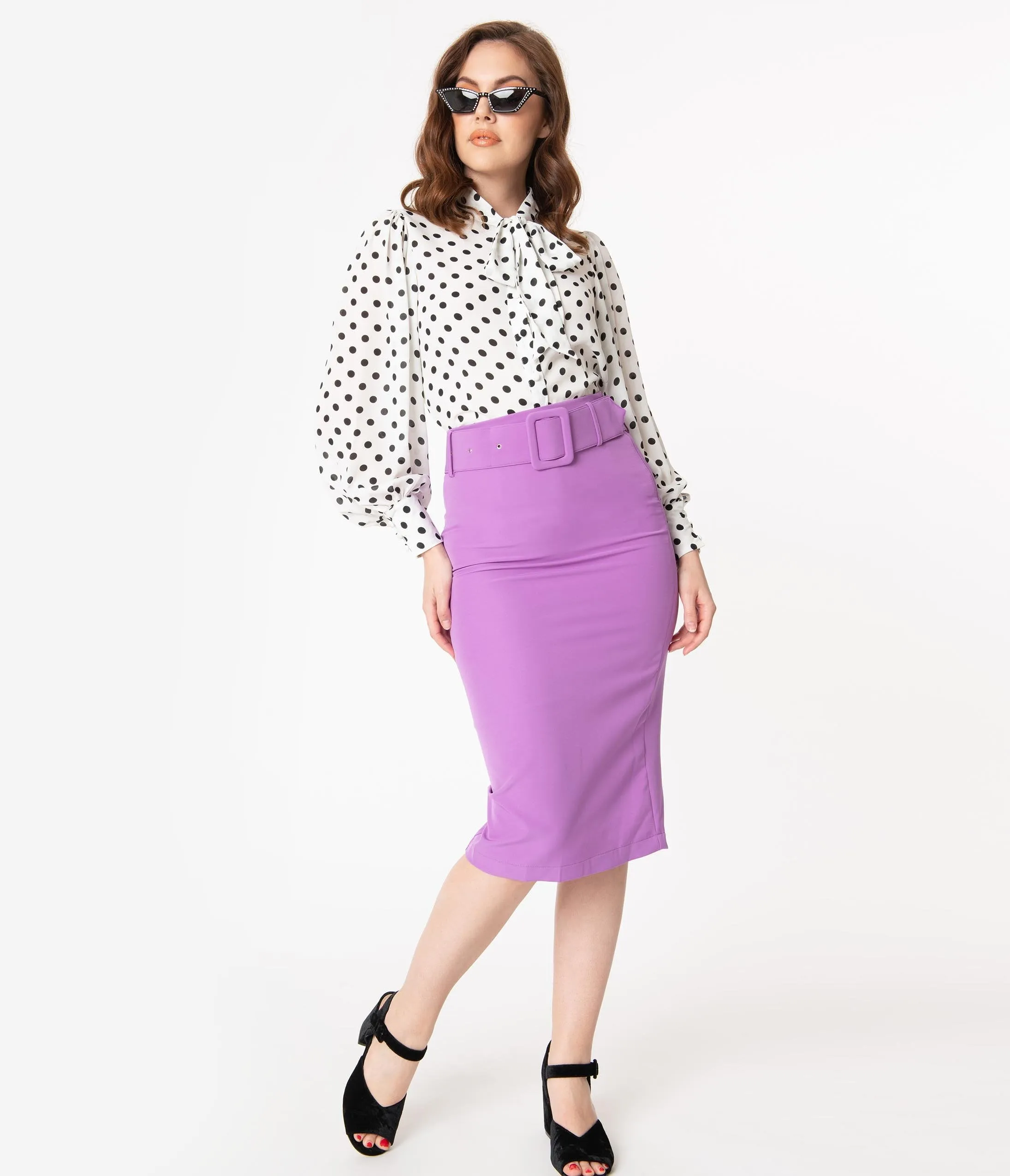 Retro Style Purple Belted Pencil Skirt