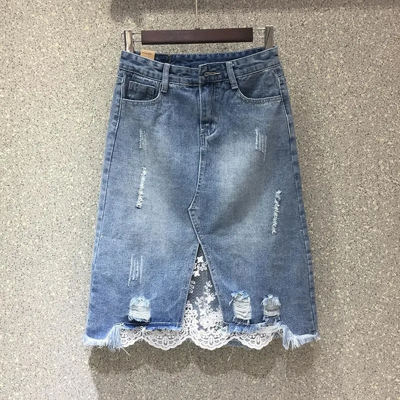 Spring Women Denim Skirts Casual Lace Irregular A-line Skirts