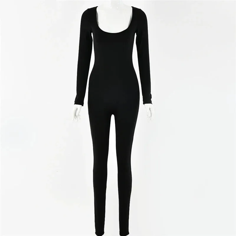 Uniwim Deep Neck Long Sleeve Jumpsuit Skinny Black Stretchy Bodycon Jumpsuits Autumn Winter Women Fashion Streetwear Outfits Romp