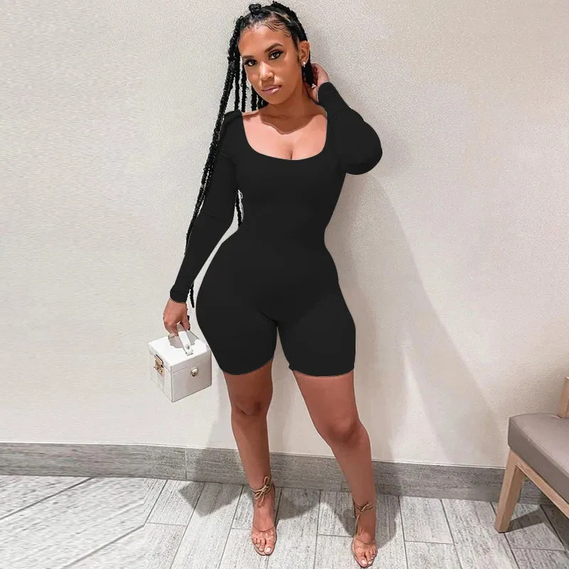 Uniwim Deep Neck Long Sleeve Jumpsuit Skinny Black Stretchy Bodycon Jumpsuits Autumn Winter Women Fashion Streetwear Outfits Romp