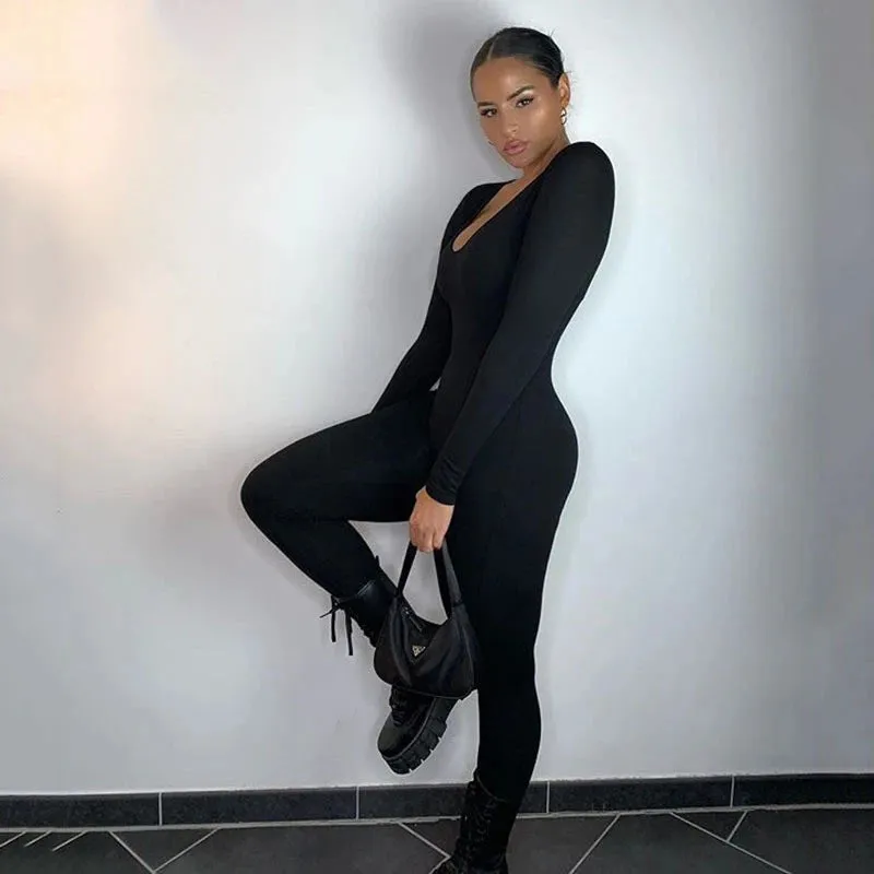 Uniwim Deep Neck Long Sleeve Jumpsuit Skinny Black Stretchy Bodycon Jumpsuits Autumn Winter Women Fashion Streetwear Outfits Romp