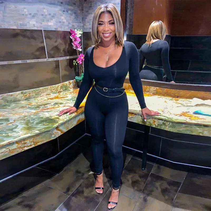 Uniwim Deep Neck Long Sleeve Jumpsuit Skinny Black Stretchy Bodycon Jumpsuits Autumn Winter Women Fashion Streetwear Outfits Romp