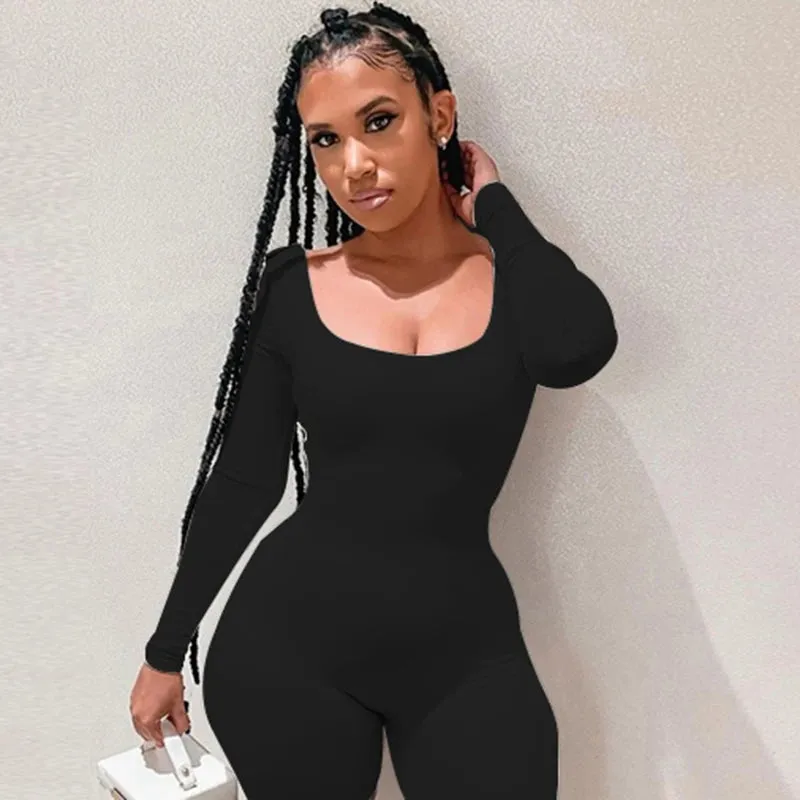 Uniwim Deep Neck Long Sleeve Jumpsuit Skinny Black Stretchy Bodycon Jumpsuits Autumn Winter Women Fashion Streetwear Outfits Romp