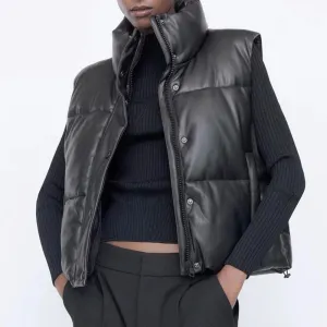 Women's Black Warm Faux Leather Vest