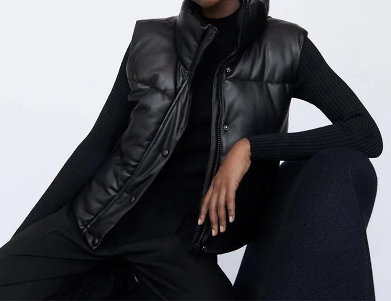 Women's Black Warm Faux Leather Vest